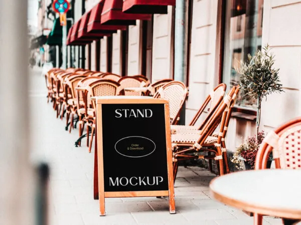 Front View of Rustic Restaurant Stand Mockup 1