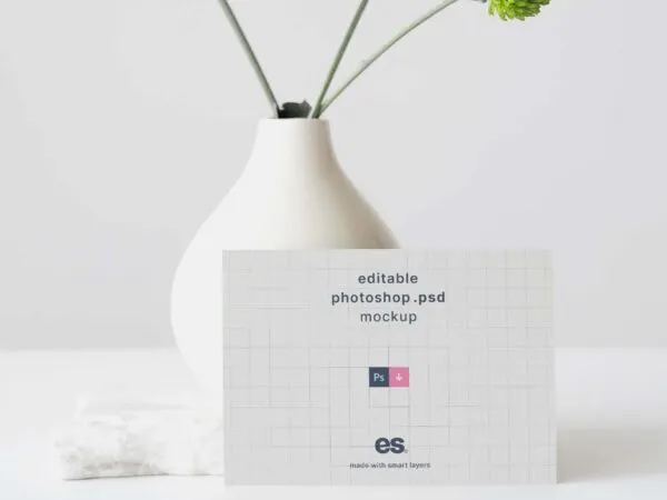 Front View of Simple Postcard Mockup Against Trendy Vase 1