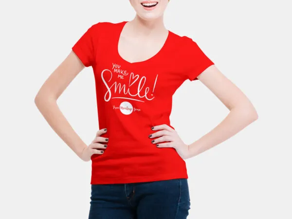 Front View of Smiling Woman Wearing V Shape T Shirt Mockup 1