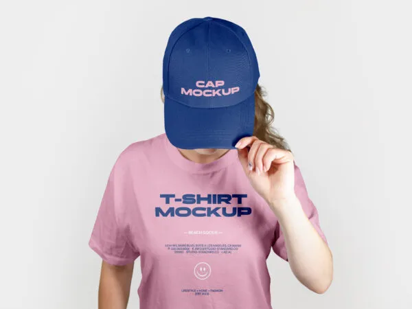 Front View of Snapback Hat and T shirt Mockup 1