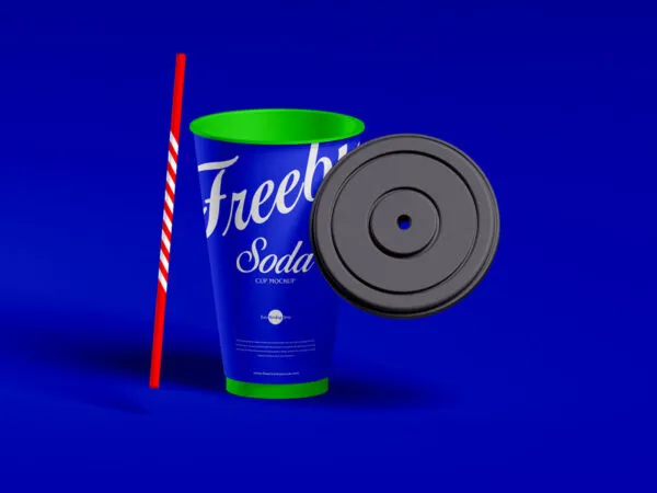 Front View of Soda Cup Mockup Featuring floating Lid and Straw 1