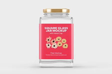 Front View of Square Glass Jar Mockup with Metal Cap 1