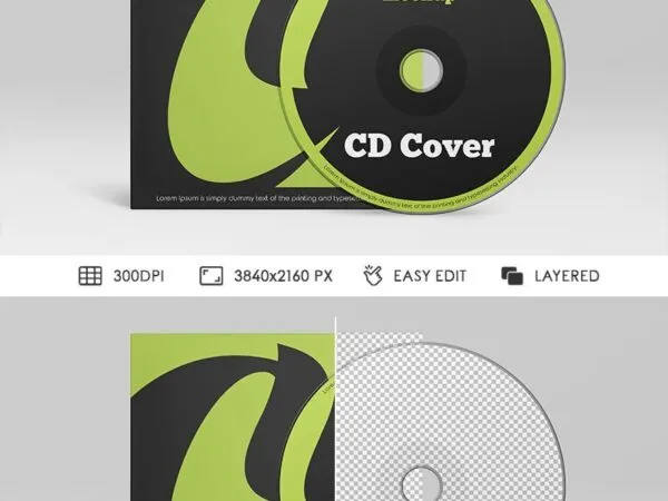 Front View of Standing CD and Paper Cover Mockup 1