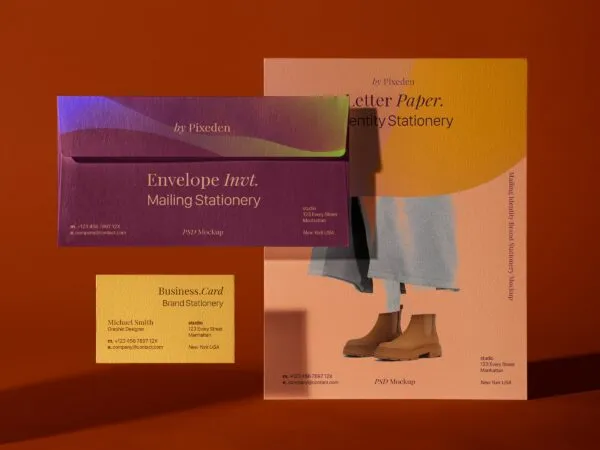 Front View of Standing Mailing Brand Set and Envelope Mockup 1