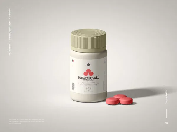 Front View of Standing Medical Bottle Next to Pills Mockup 1