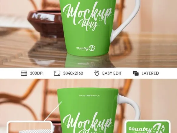 Front View of Standing Mug on Polished Wooden Table Mockup 1