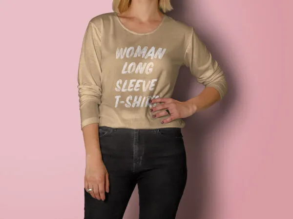 Front View of Standing Woman Wearing Long Sleeve T shirt Mockup 1