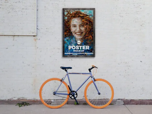 Front View of Street Wall Mounted Poster Mockup with Bicycle 1