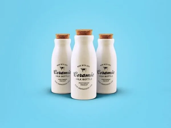 Front View of Three Ceramic Milk Bottles Mockup with Cork Lids 1
