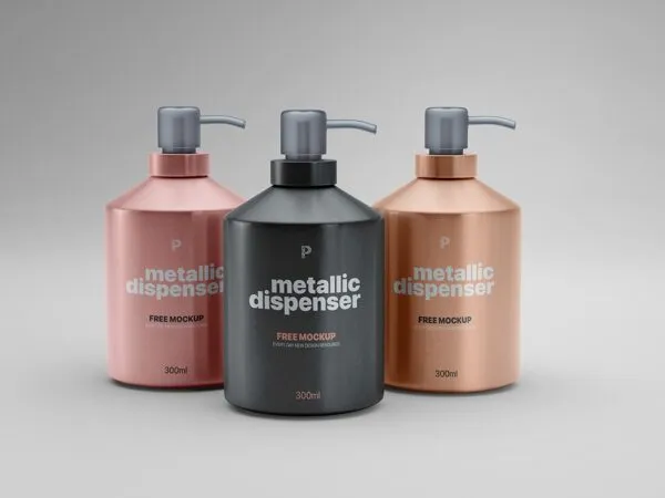 Front View of Three Metallic Pump Dispenser Bottles Mockup 1