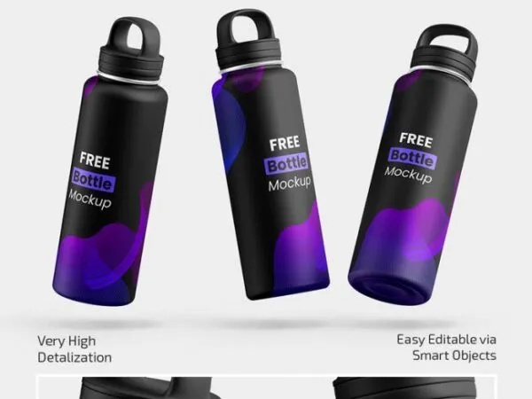 Front View of Three Metallic Water Bottle Mockups 1