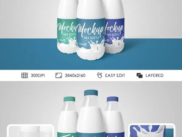 Front View of Three Milk Bottles Mockup 1