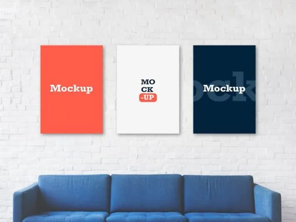 Front View of Three Posters in Living Room Mockup 1