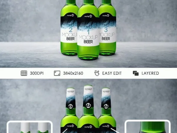 Front View of Three Standing Beer Bottles Mockup 1