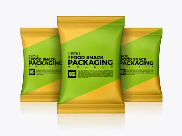 Front View of Three Standing Foil Snack Packaging Mockup 1
