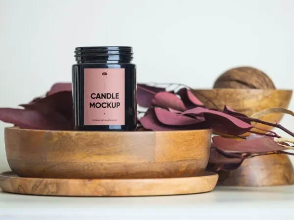 Front View of Trendy Candle Mockup with Wooden Bowl 1