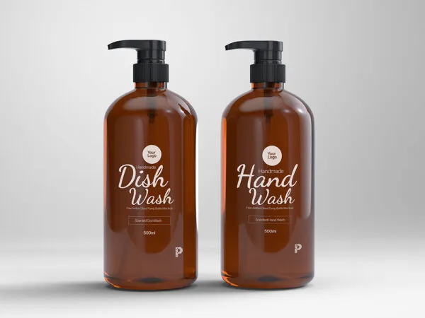 Front View of Two Amber Glass Pump Bottles Mockup 1