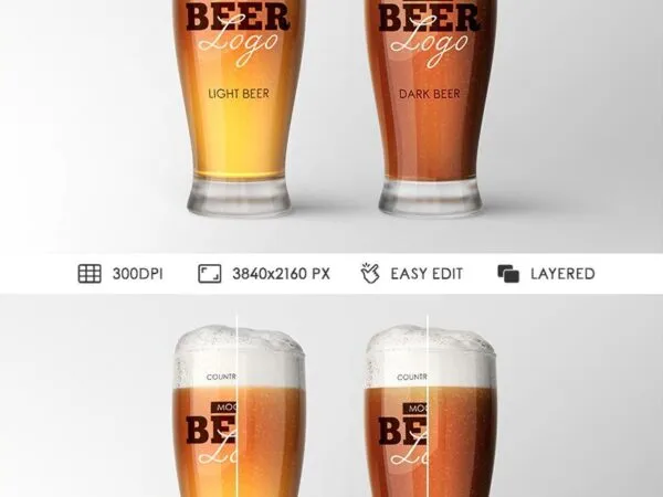 Front View of Two Beer Glasses with Light and Dark Beer Mockup 1
