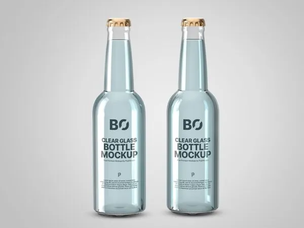 Front View of Two Clear Beverage Glass Bottles Mockup 1