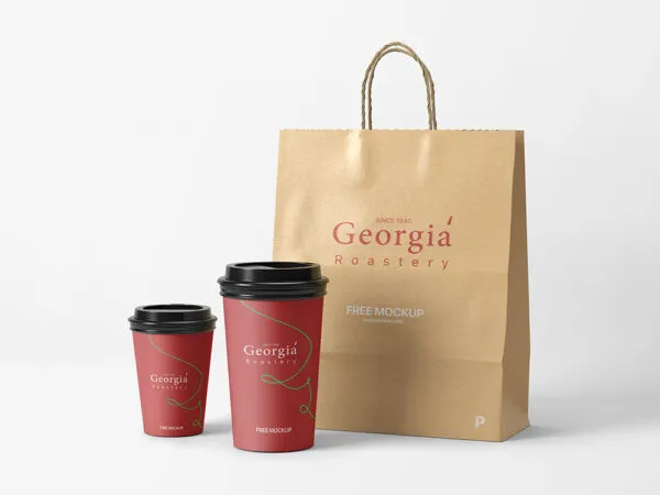 Front View of Two Coffee Cups and a Paper Bag Mockup 1