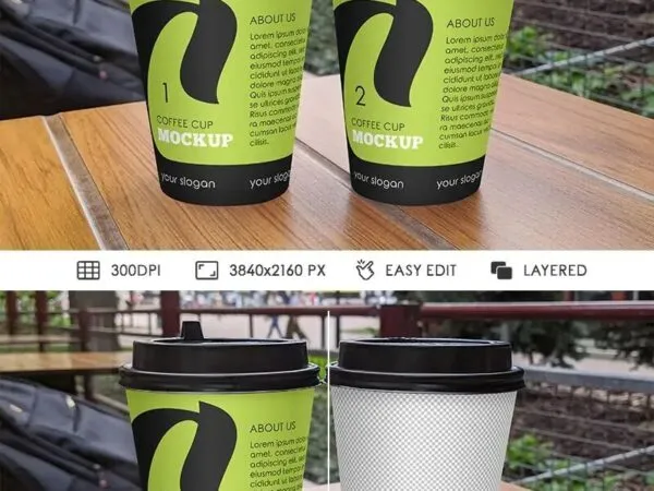 Front View of Two Matte Coffee Cups Mockup on a Modern Cafe Table 1
