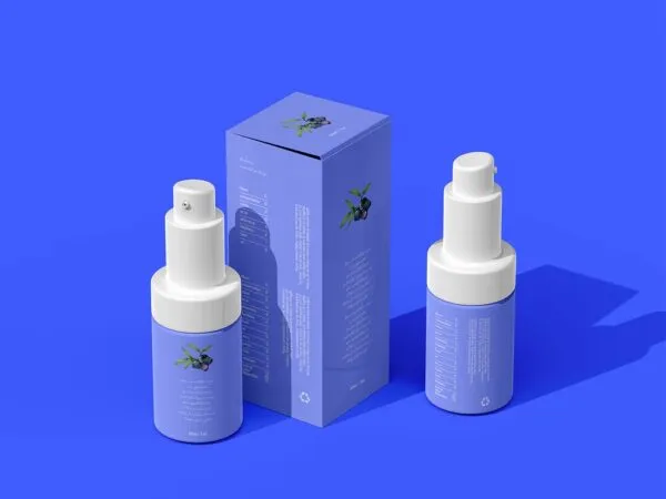 Front View of Two Pump Spray Bottles and a Packaging Box Mockup 1