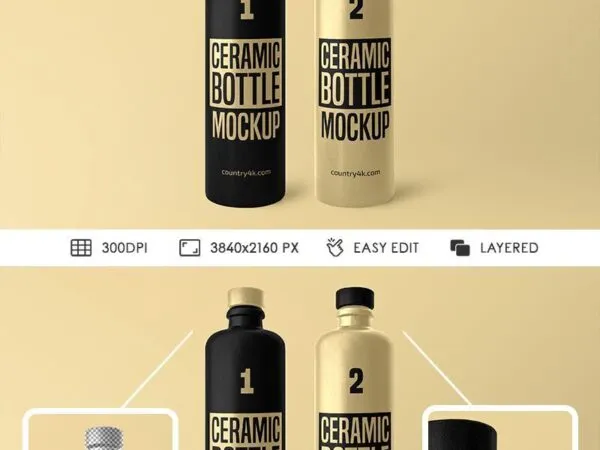 Front View of Two Standing Ceramic Bottles Mockup 1