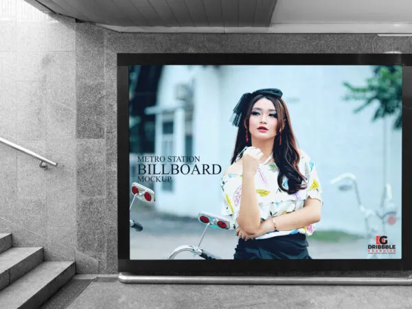 Front View of Underground Billboard on Metro Stations Wall Mockup 1