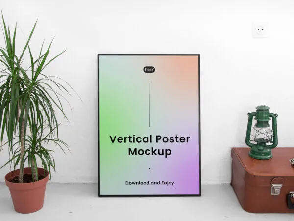 Front View of Vertical Poster Frame Mockup with Plant 1
