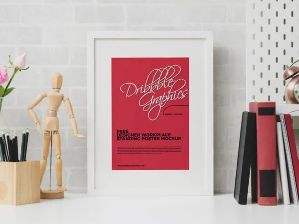 Front View of Vertical Standing Poster Mockup in Workplace Setting 1