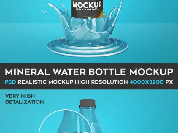 Front View of Water Bottle Standing on Water Splash Stand Mockup 1