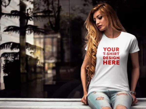 Front View of Woman Wearing a Short Sleeved T Shirt Mockup 1