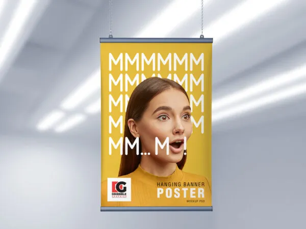 Front View of a BannerPoster Hanging From Ceiling Mockup 1