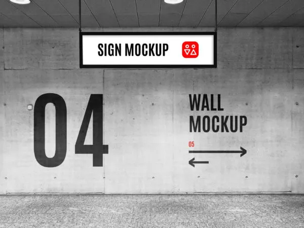 Front View of a Concrete Wall Mockup and a Hanging Sign Mockup 1