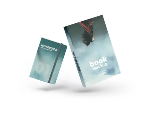 Front View of a Floating Book Cover with a Notebook Mockup 1