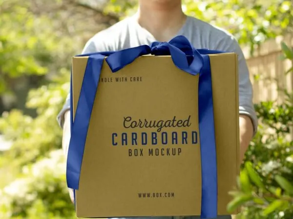 Front View of a Hand Holding Corrugated Cardboard Box Mockup 1