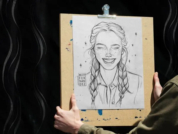 Front View of a Hand Holding Drawing Board Artwork Showcase Mockup 1