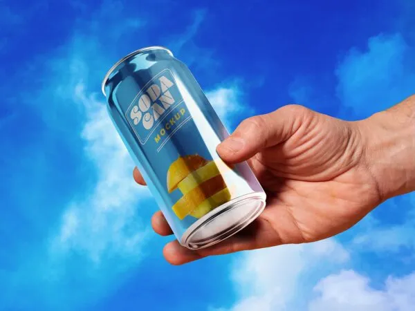Front View of a Hand Holding Soda Can Mockup 1