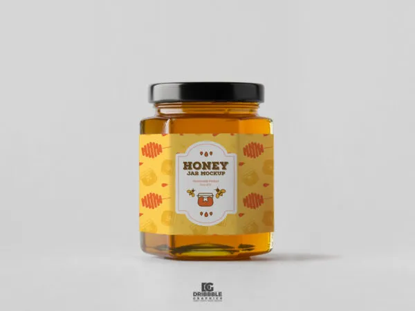 Front View of a Hexagonal Honey Jar Mockup with a Lid 1