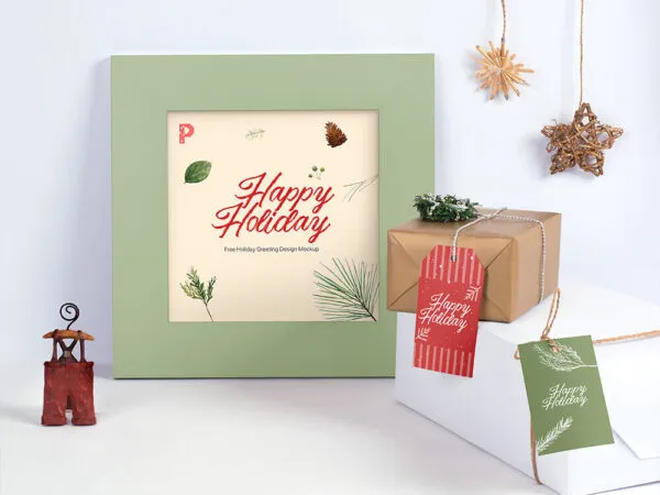 Front View of a Holiday Greeting Card and Label Tags Mockup 1