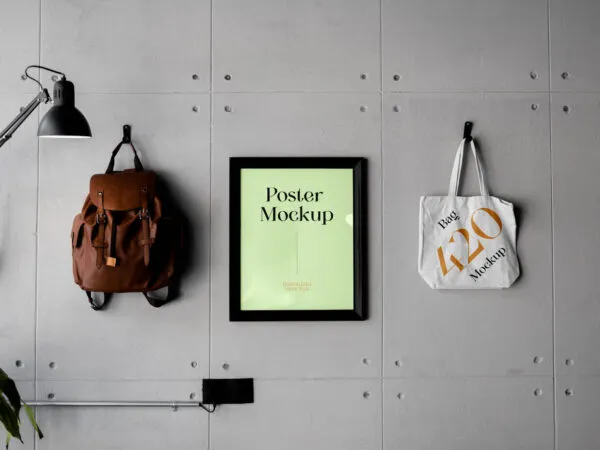 Front View of a Poster With Bag on a Wall Mockup 1