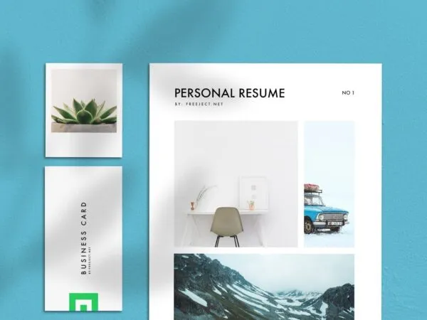 Front View of a Resume Print with Photo and Business Card Mockup 1