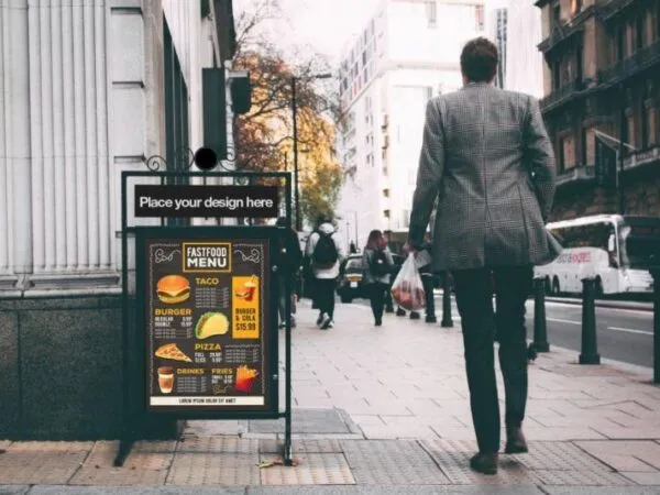 Front View of a Stand on Street Sidewalk Mockup 1