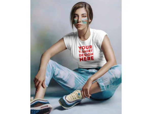 Front View of a T Shirt on a Sitting Girl Mockup 1
