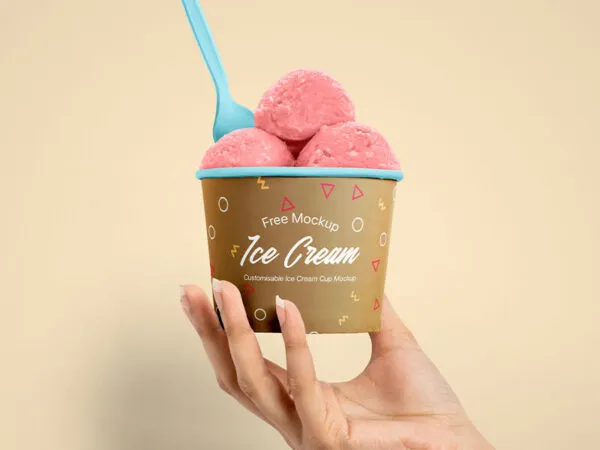 Front View of an Ice Cream Cup Held Up by a Hand Mockup 1