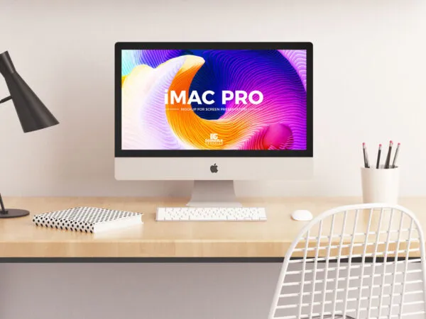 Front View of iMac Pro on Wooden Table Mockup 1