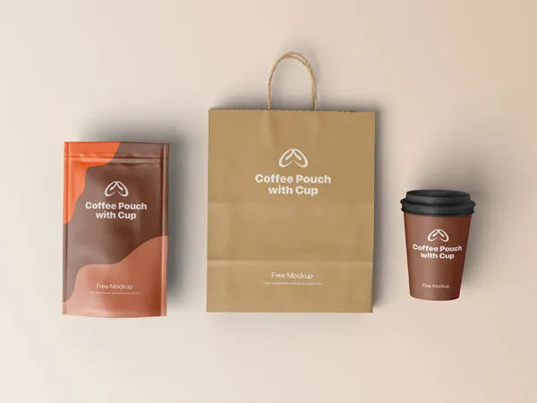 Front Vision of Coffee Pouch Mockup with Cup and Bag 1