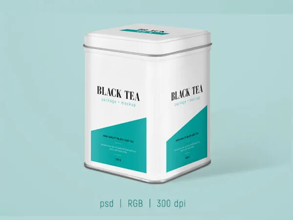 Front and 34 View of 2 Metal Tea ContainersPackaging Mockups 1