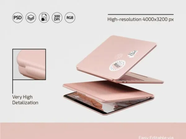 Front and 34 View of 3 Laptop Google Pixelbook Go Mockup 1