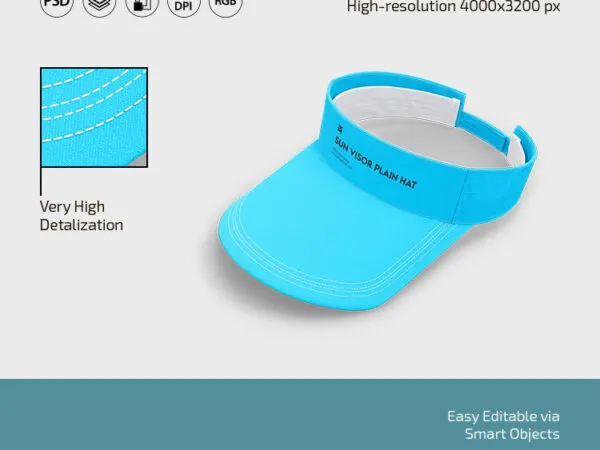 Front and 34 View of 3 Sun Visor Plain Hat Mockups 1